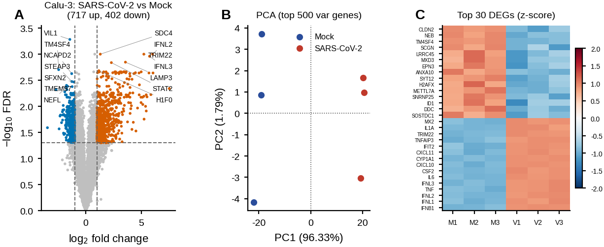 Volcano plot, PCA and differential-expression heatmap generated from GEO raw counts