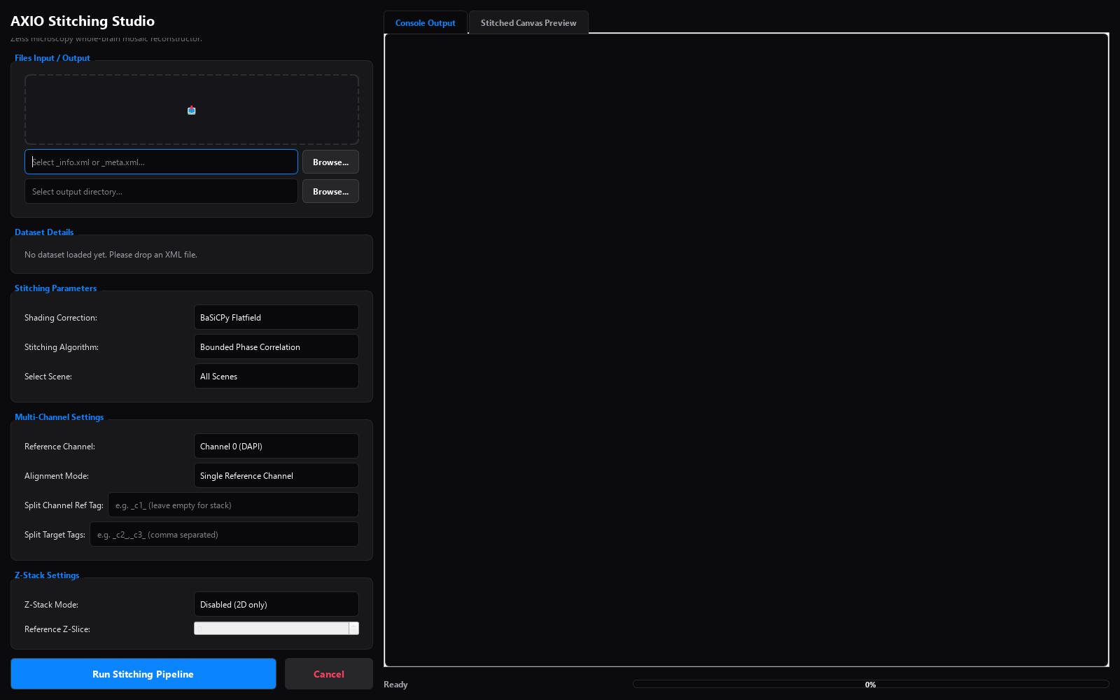 AXIO Stitching Studio empty state: a drag-and-drop zone for Zeiss XML files above shading-correction, algorithm, multi-channel and Z-stack settings, with a Run Stitching Pipeline button